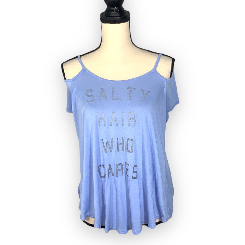 Alya Salty Hair Who Cares Graphic Tee Cold Shoulder Blue Beach Shirt Size M